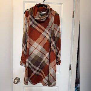 R&K Rust and Beige Plaid Cowl Neck Sweater Dress